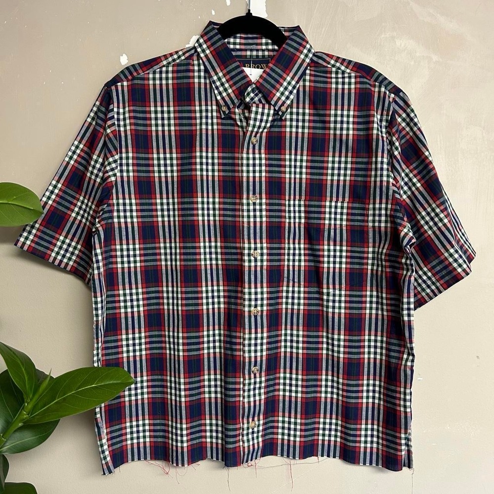 Vintage Arrow 90s Plaid Cropped Short Sleeve Button Up Shirt Mens M Navy Red